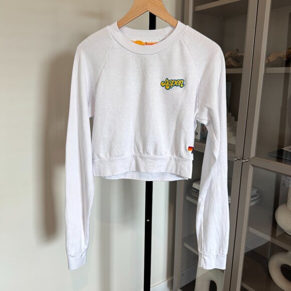 Aviator Nation Aspen Embroidered Sweatshirt Cropped Crewneck White Pullover L - Picture 2 of 7